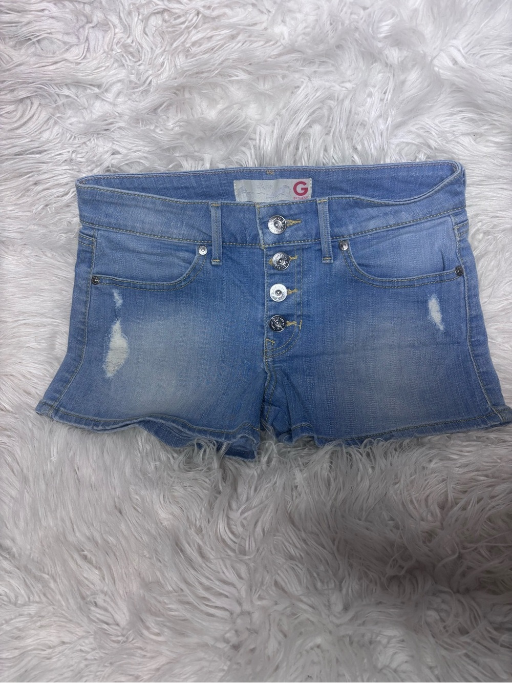G by Guess Light Blue Distressed Button-Front Denim Shorts